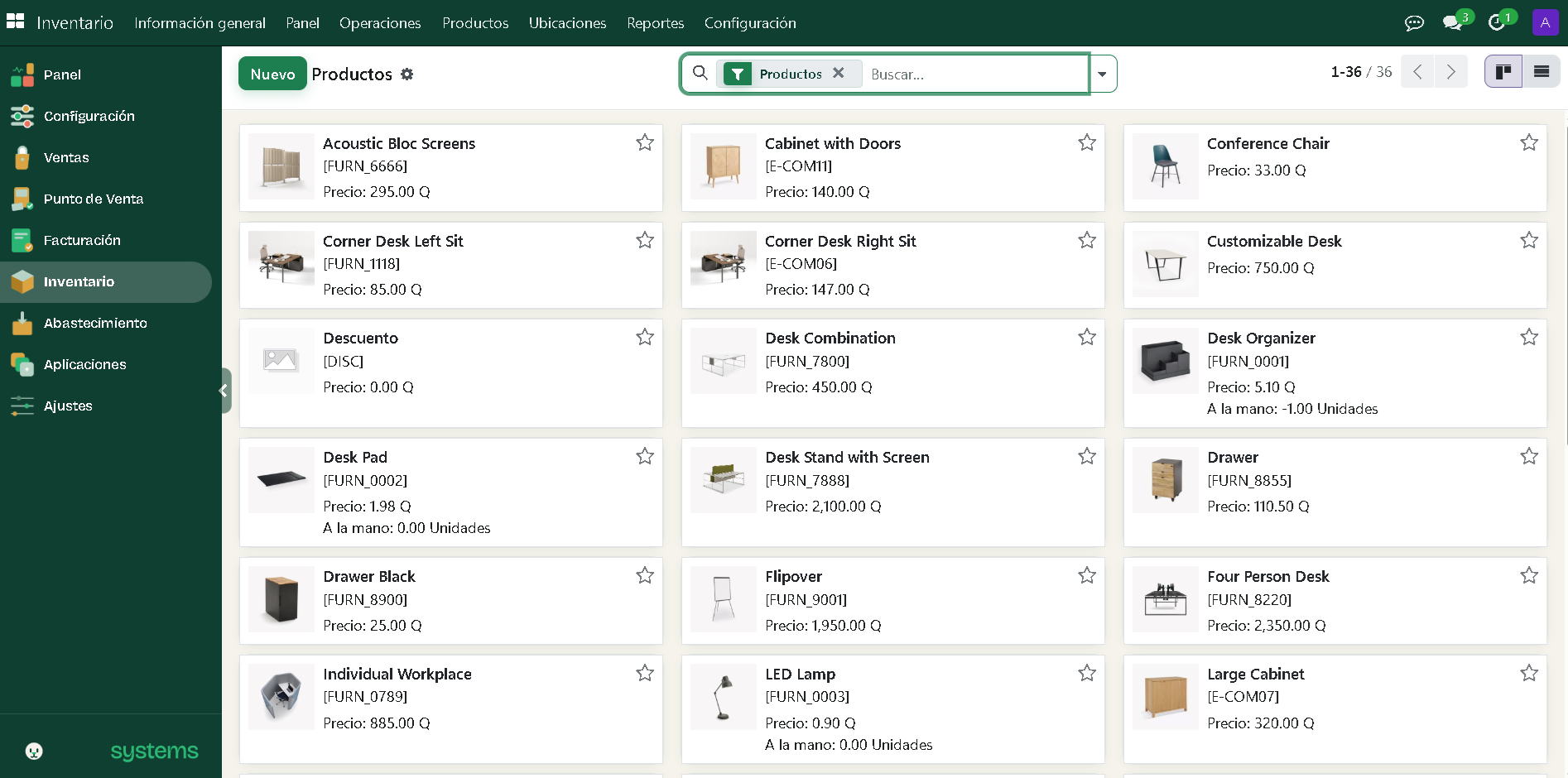 Inventario con productos, precios y existencias